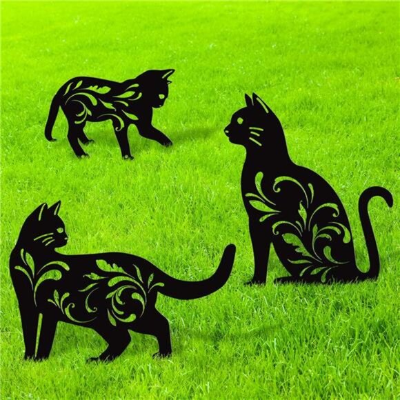 3 Pack Metal Cat Garden Statues Black Cat Silhouette Cat Decorative Garden - Picture 1 of 7